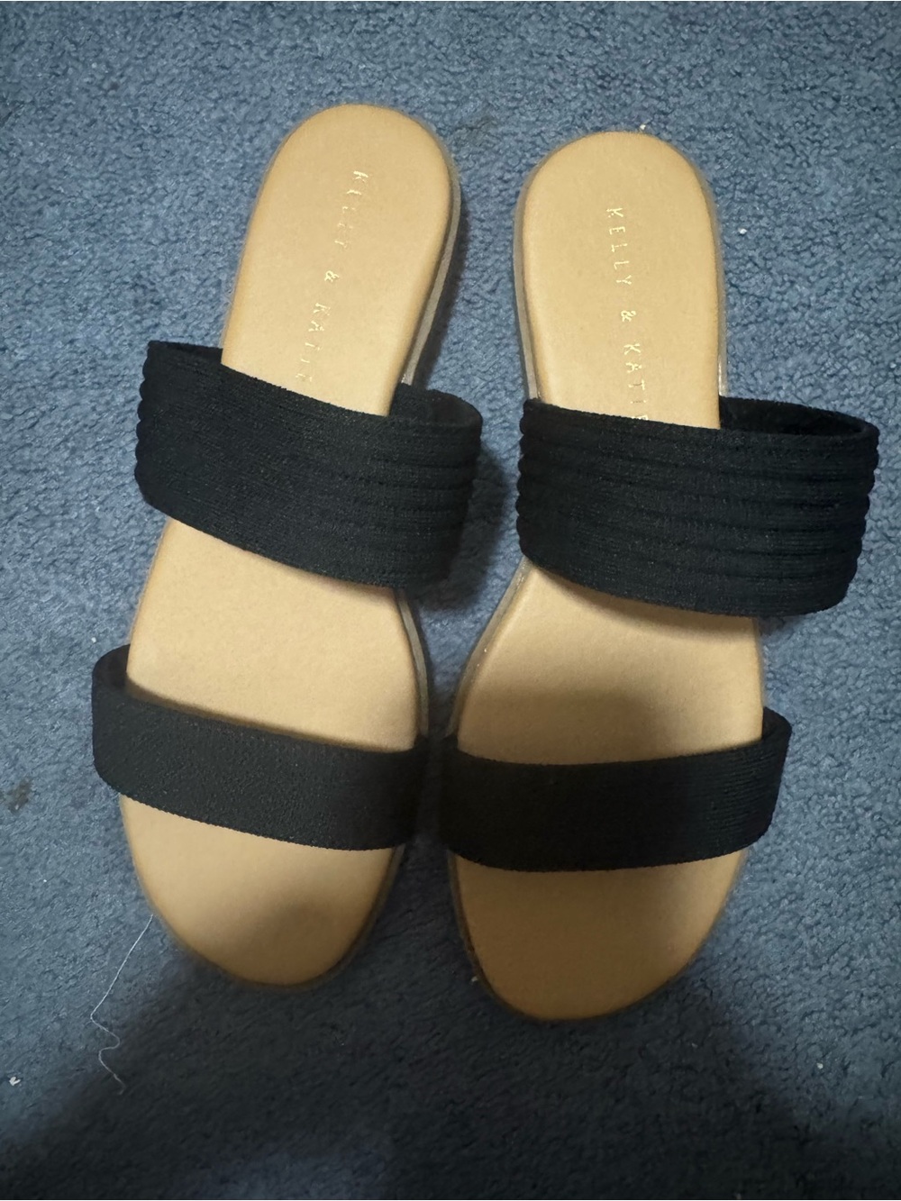 Kelly & Katie Black Double-Band Slide Sandals with Tan Footbed